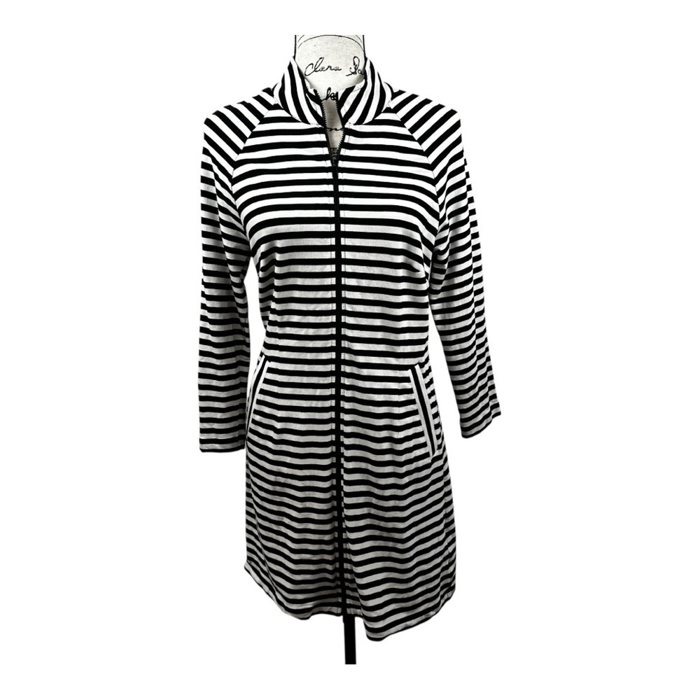 Cabi Byline B&W‎ Striped Jacket Duster Classic Casual Travel Coastal Preppy Zip